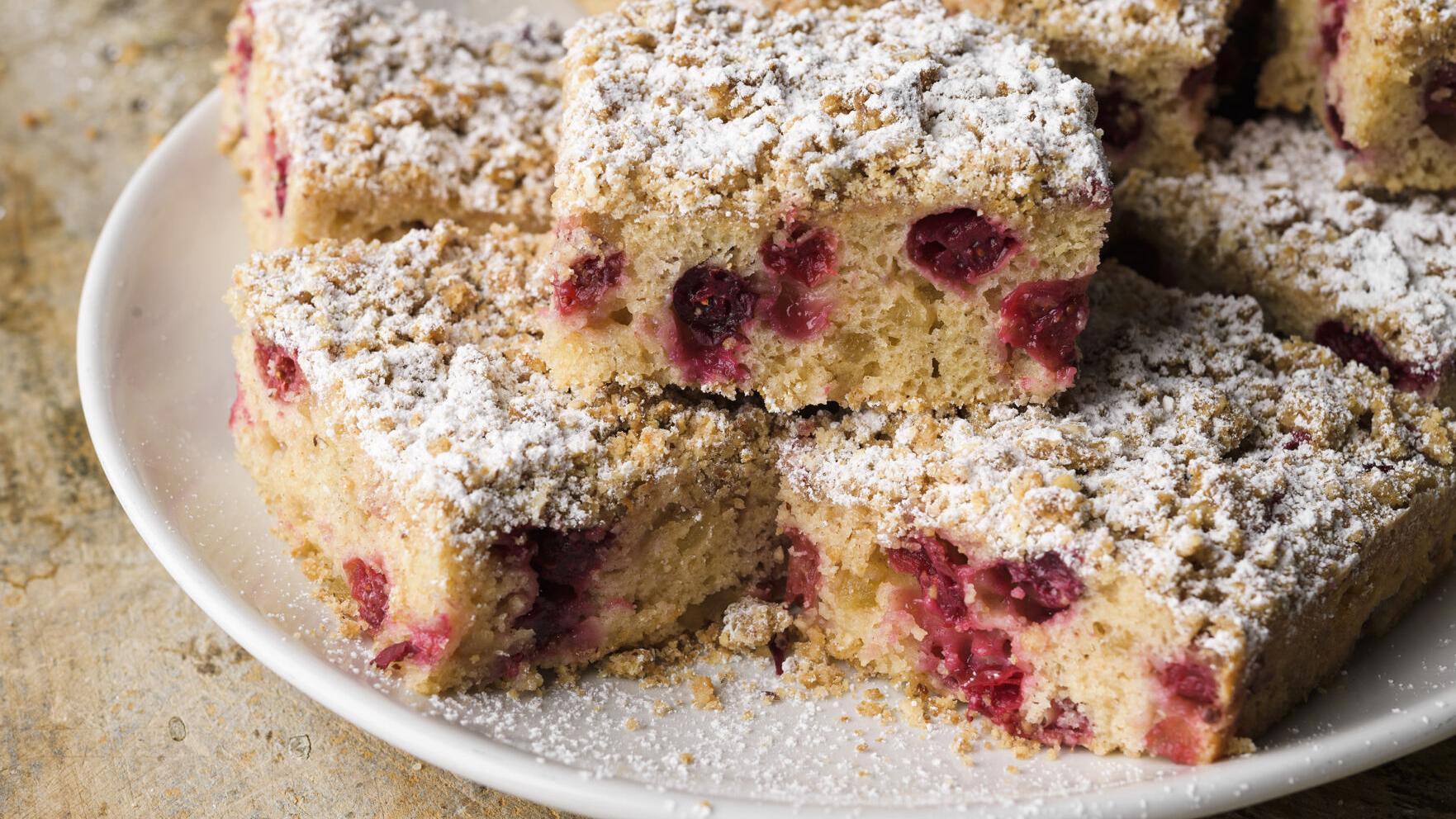 Sweet-tart cranberries and candied ginger make this buckle the perfect holiday treat